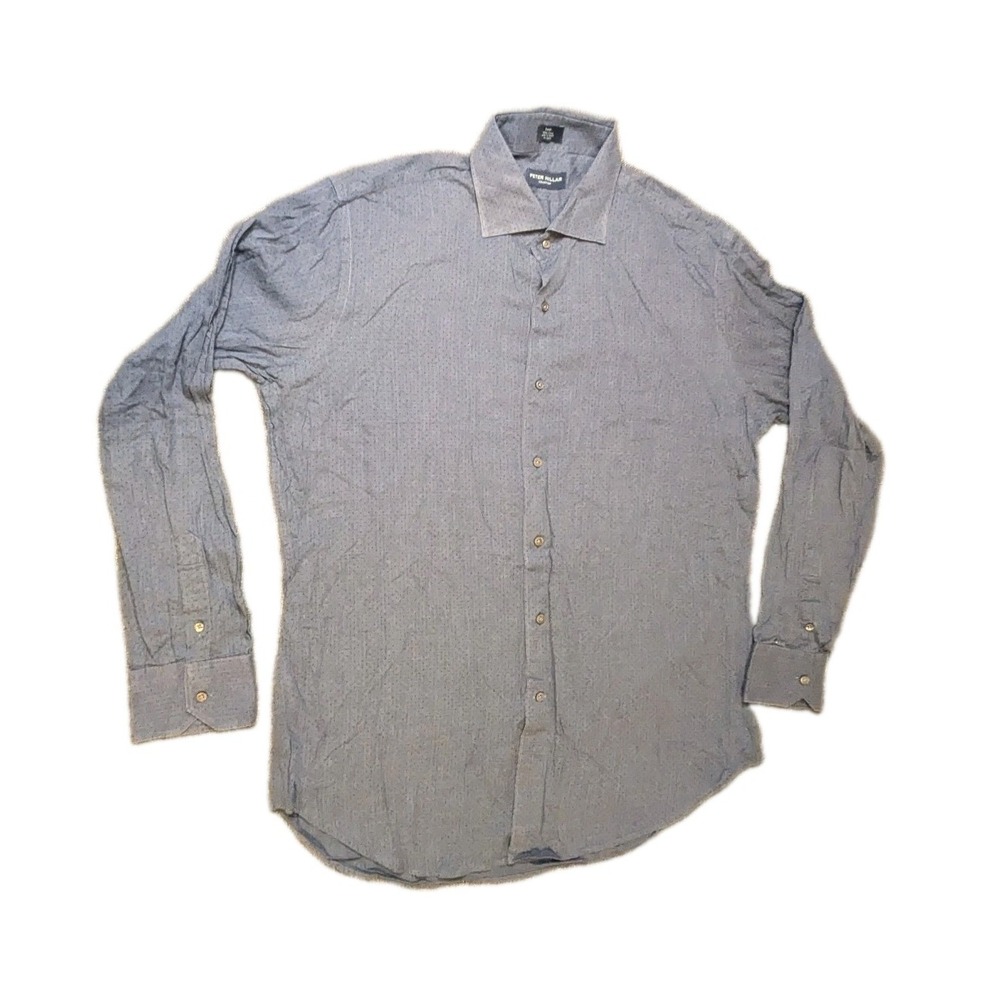 Peter Millar Mens Large Blue Dotted Long Sleeve Button Up Shirt Cotton Tee